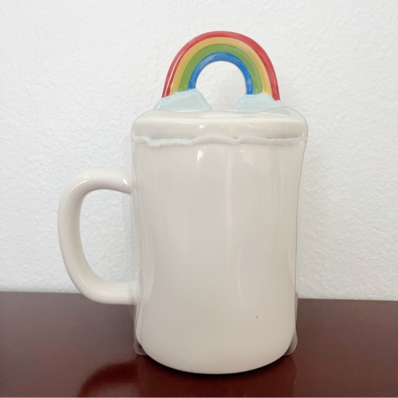 NWT Rae Dunn “RAINBOW” Glossy White Coffee Mug with Rainbow Clouds Topper - Picture 3 of 5